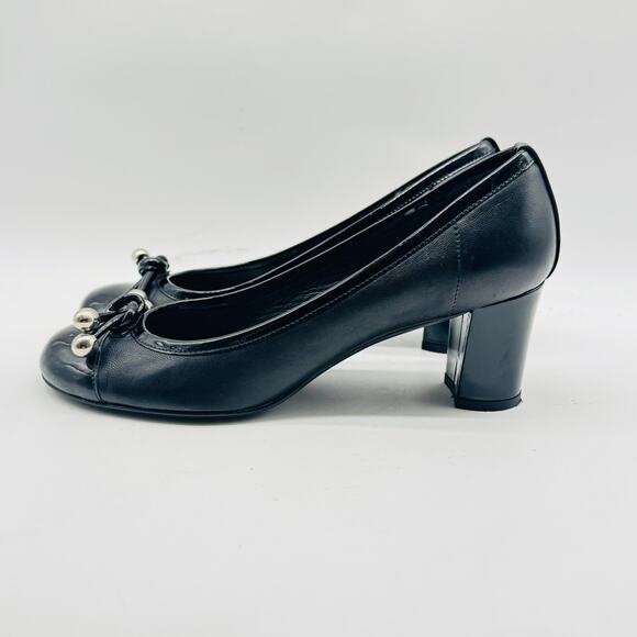 Stuart Weitzman Shoes Womens 7 Black Leather Pump Bow Cap Toe Kitten Chunky Heel - Picture 3 of 9